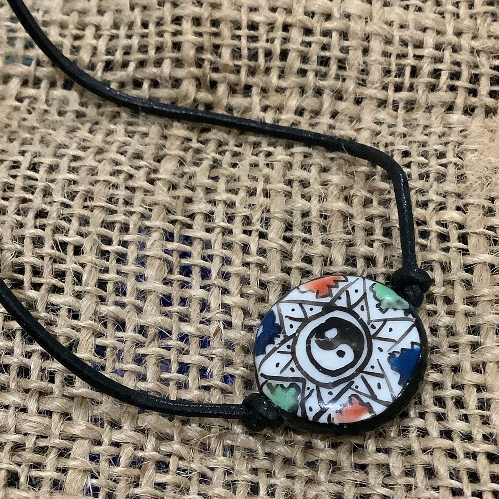 Handmade Yin yang ☯️ ceramic boho leather cord necklace